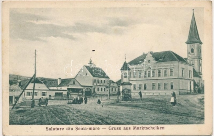 Altă ilustrată veche sepia din aceeași perioadă, cu piața satului Șeica Mare